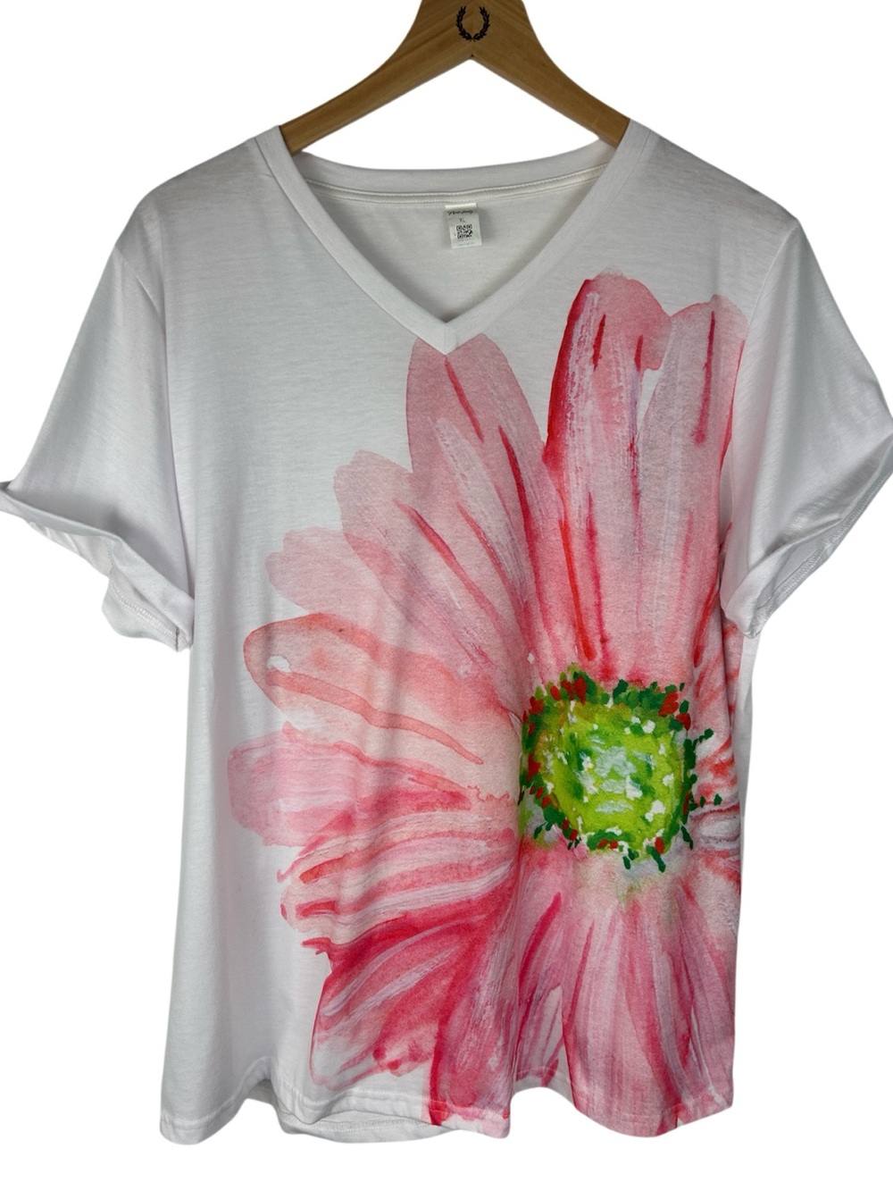 White V-Neck Tee with Pink Watercolor Floral Print